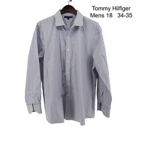 Tommy Hilfiger Mens 18 34-35 Striped Button Down Shirt Blue White Long Sleeve